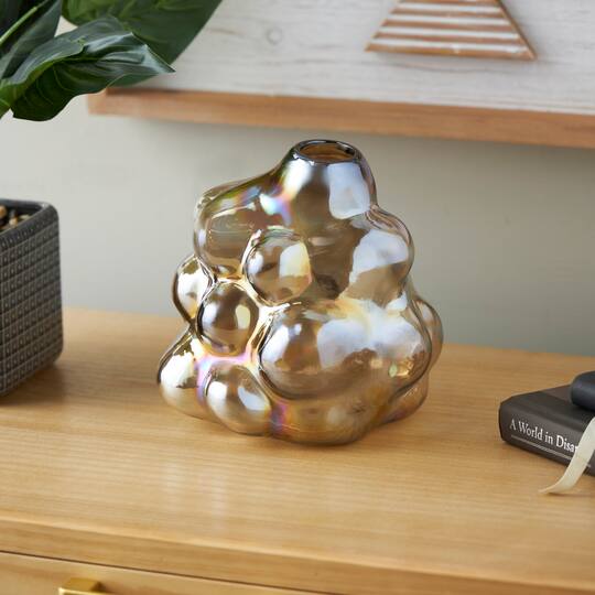 8" Iridescent Brown Abstract Handmade Bubble Glass Vase